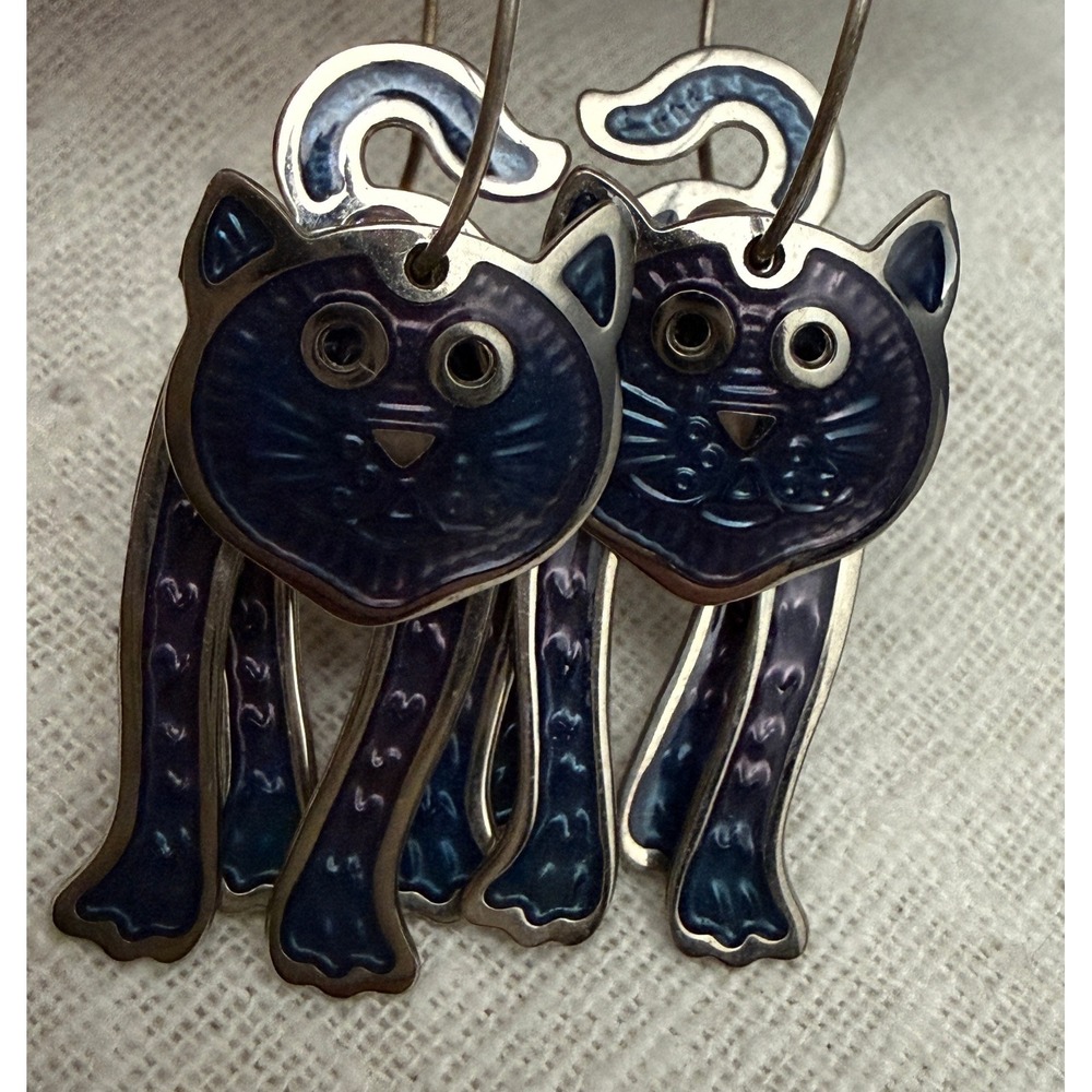 Berebi Black Cat Silver Tone Dangle Earrings Signed Whimsical Feline